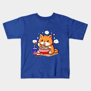 Cute Cat Eating Ramen Kids T-Shirt